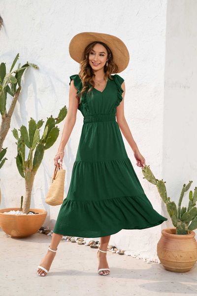 

waist v-neck high cake dress long dress leisure holiday tourism dresss9cn, Black;gray