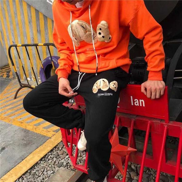 

designer fashionable 2022 plam angle guillotine bear embroidered men and women high street loose bf hoodie jacket, Black
