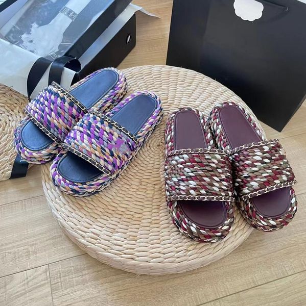 

women thick-soled slipper colour braided chain slipper designer summer casual slippers luxury women slippers metal letter slippers, Black