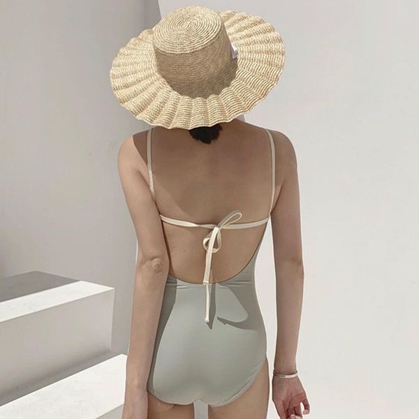 

2023 vintage women girls' one piece bikini sets ins style solid color swimsuit sweet simple low-back swimwear tank bath suit 2 colors, White;black