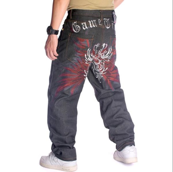 

trendy men/hiphop loose straight skateboard pants embroidered flower wings hip hop denim pants plus size 30-46, Blue