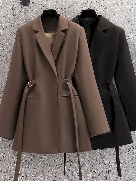 

women coats fashion chic slim waist women solid blazer elegant office wear single button female suit jacket 2023 spring blazer women jacket, Black