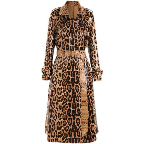 

spring and autumn 2023 snake skin leopard pattern windbreaker goddess long sleeve faux leather jacket women jackets coat women's dress, Black