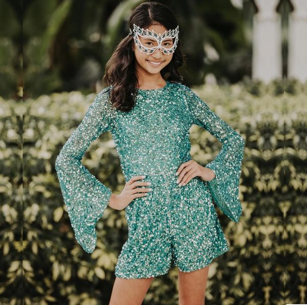 

green girl pageant dress jumpsuit sequin kid bell sleeves romper little miss birthday formal party cocktail dance gown toddler teens runway, White;blue