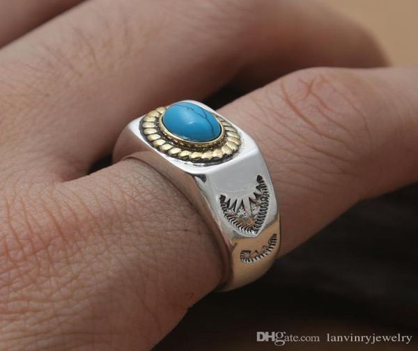 

brand new 925 sterling silver fashion jewelry vintage american european style designer mens rings with semi precious turq stone gi6825996, Golden;silver