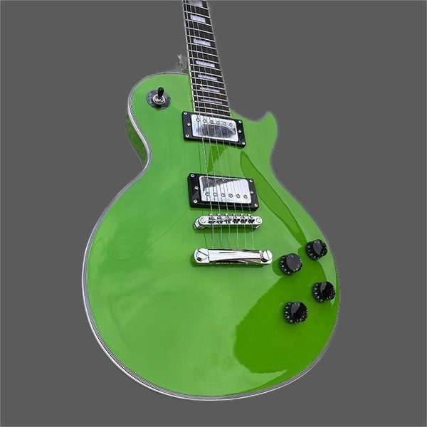 

bright green electric guitar, lock and buckle, classic brand, beautiful sound, delivery