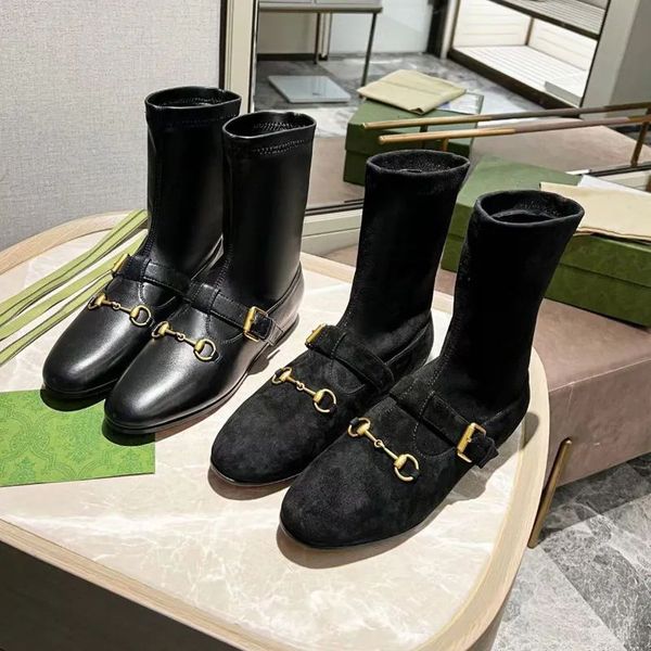 

autumn winter zipper elastic boots woman flat travel sneaker leather lady letter ankle boot soft women metal buckle suede designer shoes lar, Black