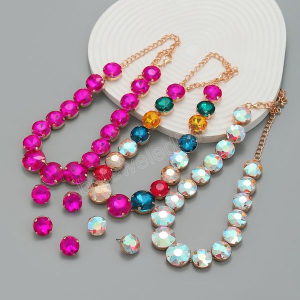 

trendy metal round glass geometric necklace earring set bridal wedding party jewelry women's creative accessories, Silver