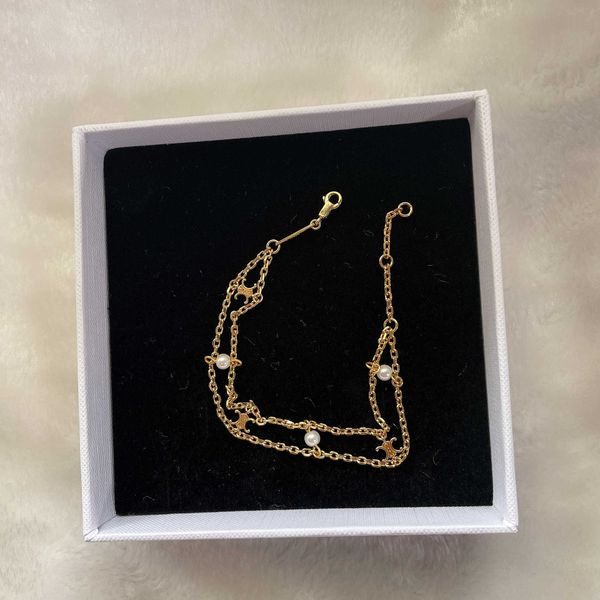 

celi arc de triomphe double layer pearl chain adjustable bracelet ins temperament brass plated 18k gold female, Golden;silver