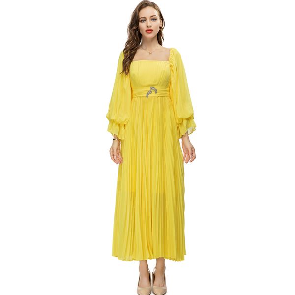 

women's runway dresses square neckline long lantern sleeves pleated elegant fashion high street vestidos prom, Black
