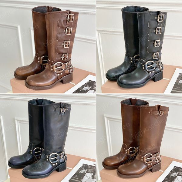 

luxury designer boots harness belt buckled cowhide leather biker knee boots chunky heel zip knight boots fashion square toe ankle booties we, Black