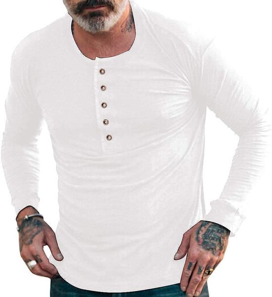 

men's shirt long sleeve henley shirts crew neck button tee, White;black