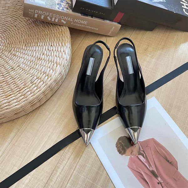 

designer luxury 100% real leather heels shoes woman designer slingback dress shoes women pump sandals 75mm high-heeled wedding sandal fashio, Black