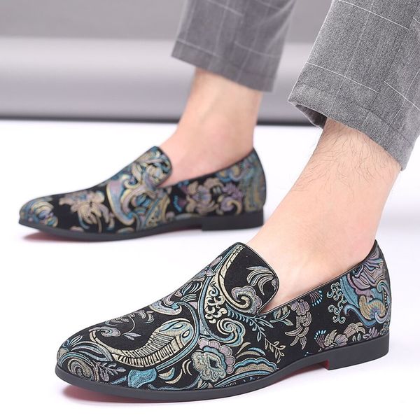 

new brand casual business shoes handmade floral print suede loafers summer mocasines party dress shoes, Black