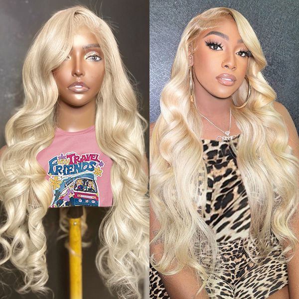 

40 inch body wave colored hd 613 honey blonde13x4 lace front human hair wig for women transparent lace frontal wig, Black;brown