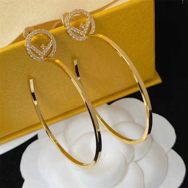 

2023 f letter rhinestone large circle 925 silver needle niche design fashion and earrings for women, Golden