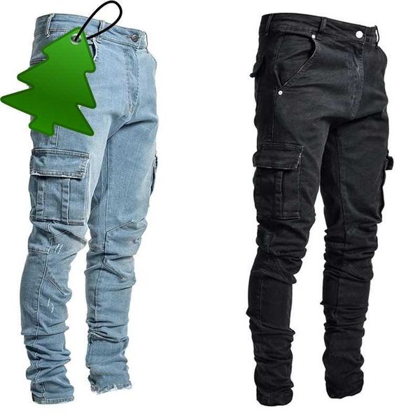 

men's multi pocket cargo jeans casual cotton denim trousers fashion pencil pants side pockets, Blue