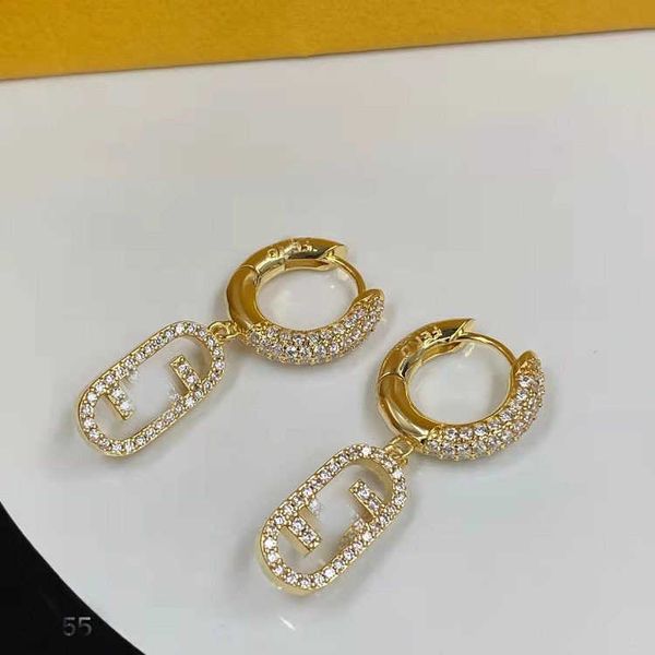 

f letter rhinestone brass small and luxury women's advanced round earrings, Golden