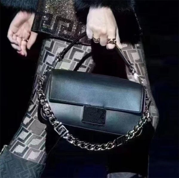 

flap baguette crossbody bag handbags detachable handle belt chain pin decoration genuine leather plain handbag purse women shoulder bags
