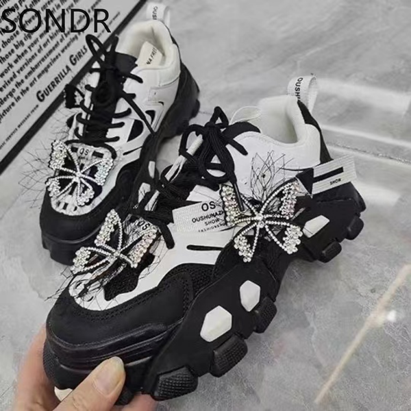 

womens round toe sneakers lace up rhinestones diy butterfly shiny girls shoes casual sweet pink lolita gift new, Black