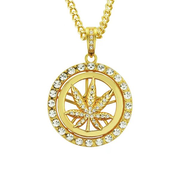 

hip hop street fashion men's necklace european and american hip hop diamond maple leaf turntable necklace men's rotable pendant je, Golden;silver