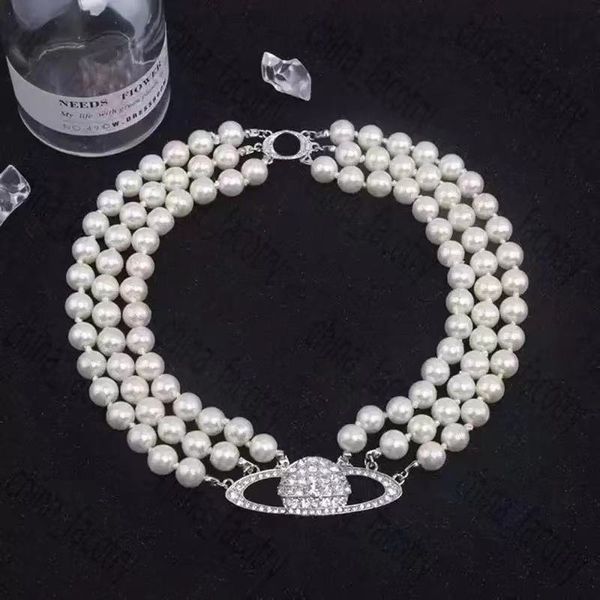 

luxury fashionable pearl necklace advanced retro three layer pearl shiny saturn bead pendant 222, Silver