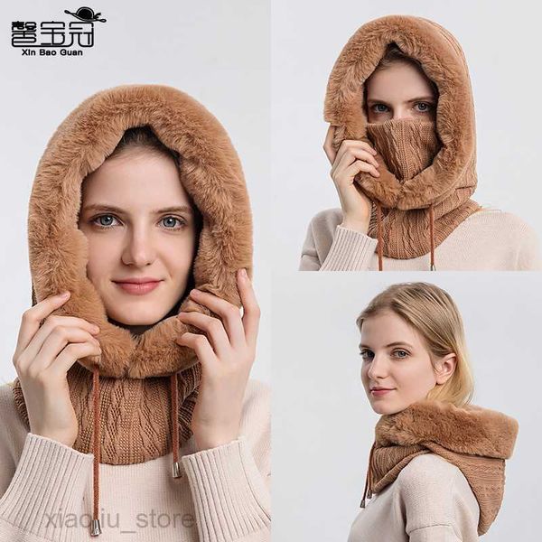 

wide brim hats winter women 3in1 knitted ski hat with scarf neck warmer fleece lined hood face mask balaclava for outdoor sportssun block hk, Blue;gray