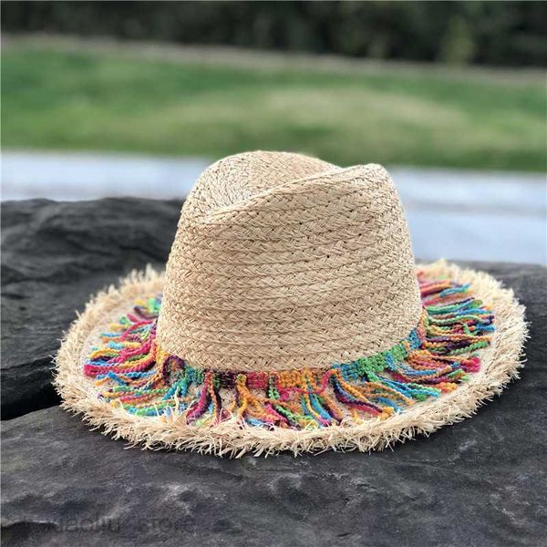 

wide brim hats coloerfull tassel ribbon decorate straw hat shading sun caps lady fashion beach cap jazz summer bucket hatssun block hkd23062, Blue;gray