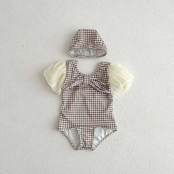

milancel summer new girls swimming wear plaid skinny beach one piece lace sleeve baby swimming suit l230625, White