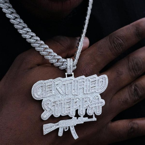 

necklaces 5a cz hip hop men jewelry micro pave cubic zirconia meaning letter ice out certified steppa gun pendant necklace, Silver