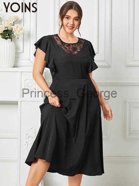 

casual dresses yoins elegant black midi dress women short sleeve ruffled shirt sundress plus size 2023 summer casual lace patchwork vestidos, Black;gray
