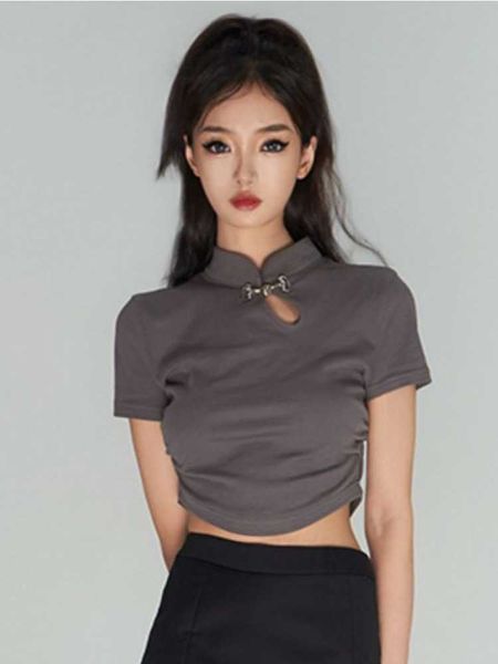 

hollow out t-shirts women s-3xl mandarin collar chinese style summer crop weet slim vintage fashion chic temperament l230619, White