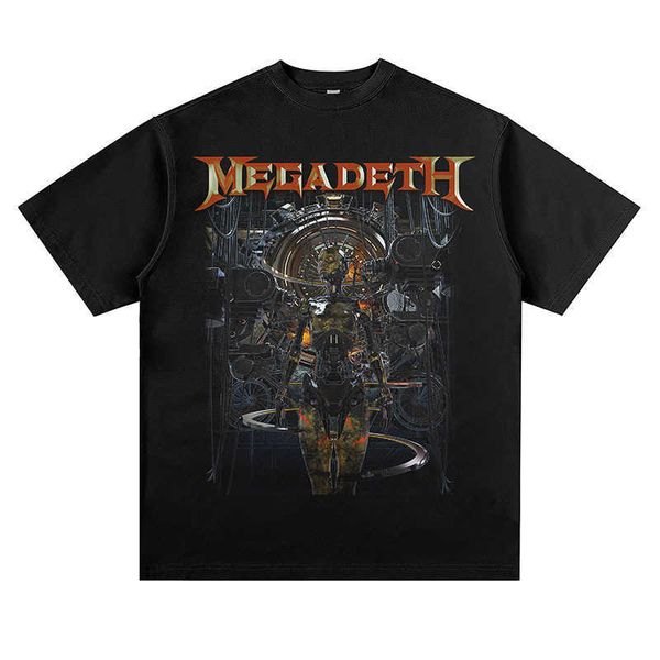 

high street vintage rock heavy metal band megadeth printed short sleeve t-shirt loose men and women hip hop, White;black