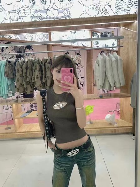 

womens tshirt coffee color summer d word metal hollow out sleeveless tanks knit slim fashion clothing 230404, White