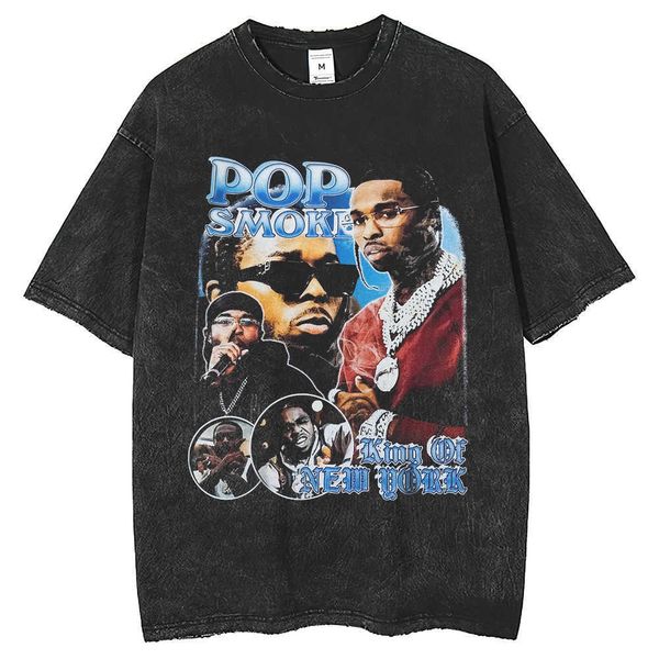 

new high street fashion brand rap singer portrait print wash loose short sleeve men's t-shirt for men and women, White;black