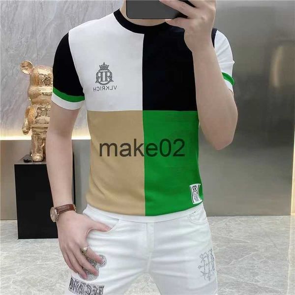 

men's plus tees polos tshirt for men color contrast slim elastic versatile ice silk knitting short sleeve tshirt men thin rhinestones t, Black;brown