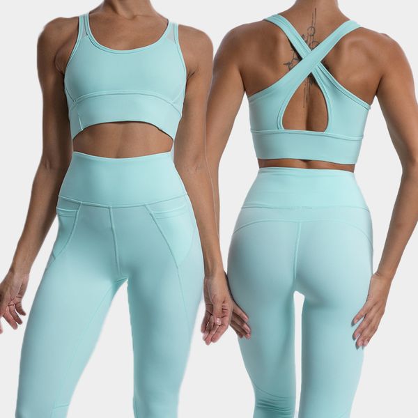 

yoga clothing mesh stitching sports bra double pockets high waist yoga pants set