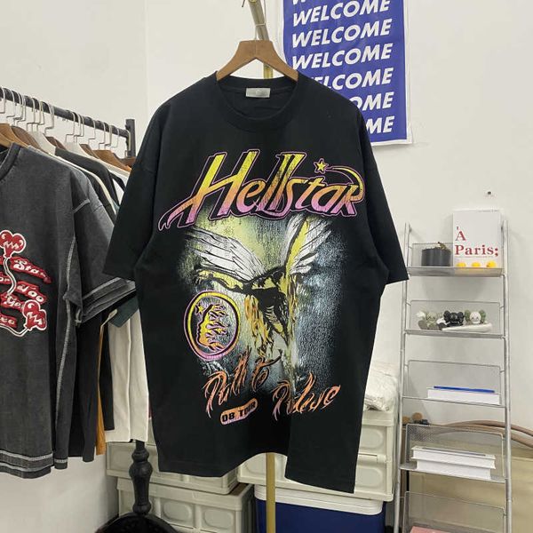 

men and women hellstar american fashion metal angel print tee high street men's and women's loose short sleeve t-shirt summer, White;black