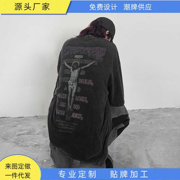 

dark high street style cross print used wash short sleeve t-shirt men's loose fashion brand lazy style, White;black