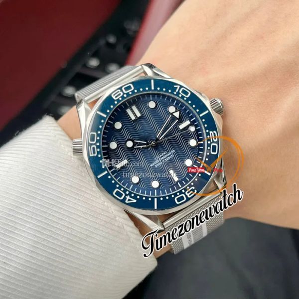 

new 41mm 300m dive 210.30.42.20.03.002 automatic mens watch blue texture dial steel case mesh strap gents watches twom timezonewach e465, Slivery;brown