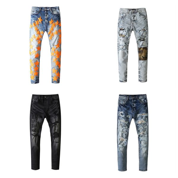 

men's designer jeans torn torn biker slim jeans men's fashion black pants down at home28-40, Blue