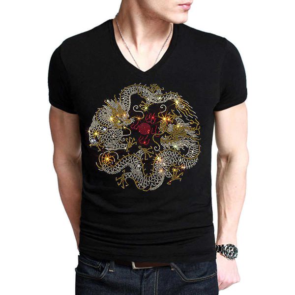 

fashion diamond t-shirt for men's luxury slim fit chinese dragon diamond half sleeve t-shirt top, White;black