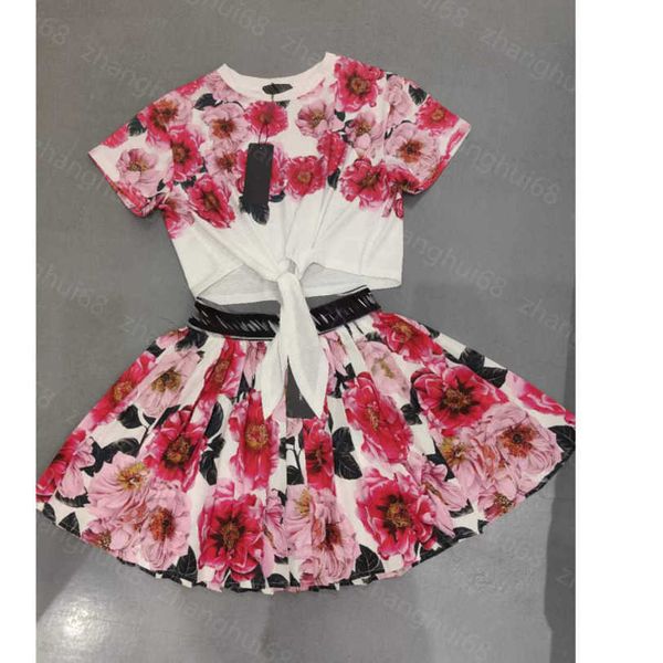 

23ss skirt set womens designer clothing round neck cotton flower print strap short sleeve t-shirt letter ribbon patchwork pleated half skirt, White