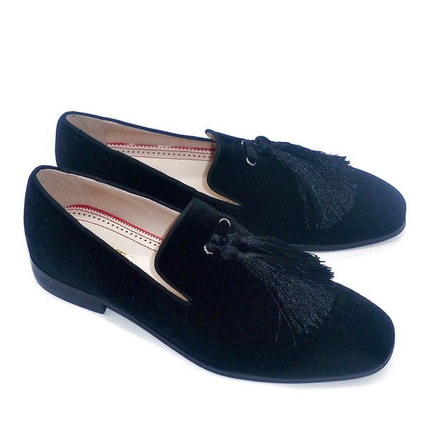 

plus size fashion black velvet loafers men luxury handmade fringe summer shoes italian casual flats slip on man dress shoes