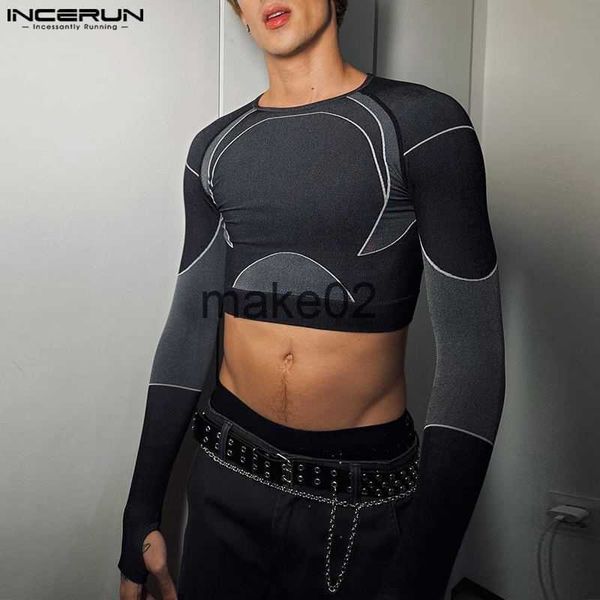 

men's plus tees polos men t shirts patchwork 2023 oneck long sleeve streetwear male crop workout fashion skinny casual camisetas s5xl, Black;brown
