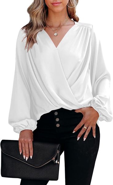 

womens v neck long puff sleeve blouse wrap ruffle twist loose casual drape office shirts tunic, White