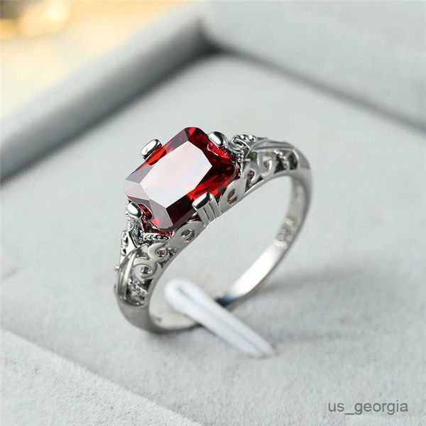 

band rings charm female crystal red stone ring luxury silver color wedding rings for women classic zircon hollow square engagement ring r230
