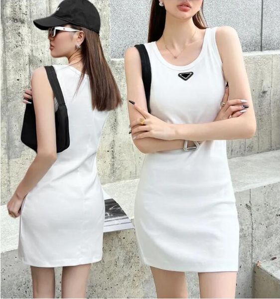 

p-ra designer women's casual dresses summer fashion brands womens tank dress knitted cotton u neck sleeveless solid dresses elasticity, White