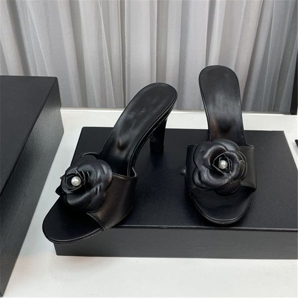 

summer popular women sandals 2023 channel luxury brand business dress wedding party leather high heels casual flat slipper 016-05, Black
