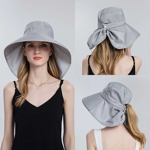 

wide brim hats women fashion ponytail bucket hats with neck flap summer uv protection sun hat for female outdoor wide brim beach capssun blo, Blue;gray